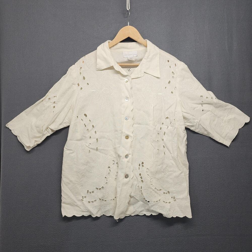 Susan Graver Shirt Womens 1X White Linen Rayon Eyelet Embroidered Button Front